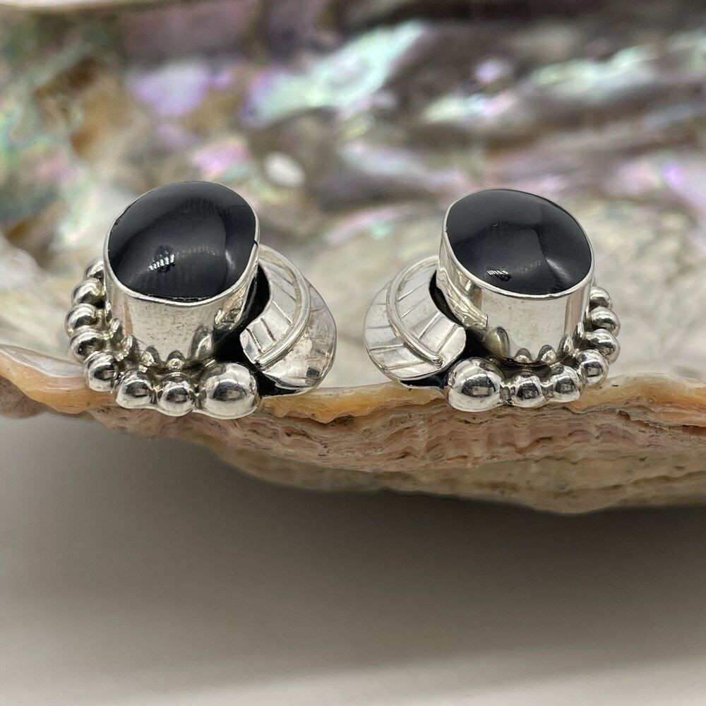 Native American Mexico 925 Sterling Silver and Black Onyx Earrings Vintage Bold